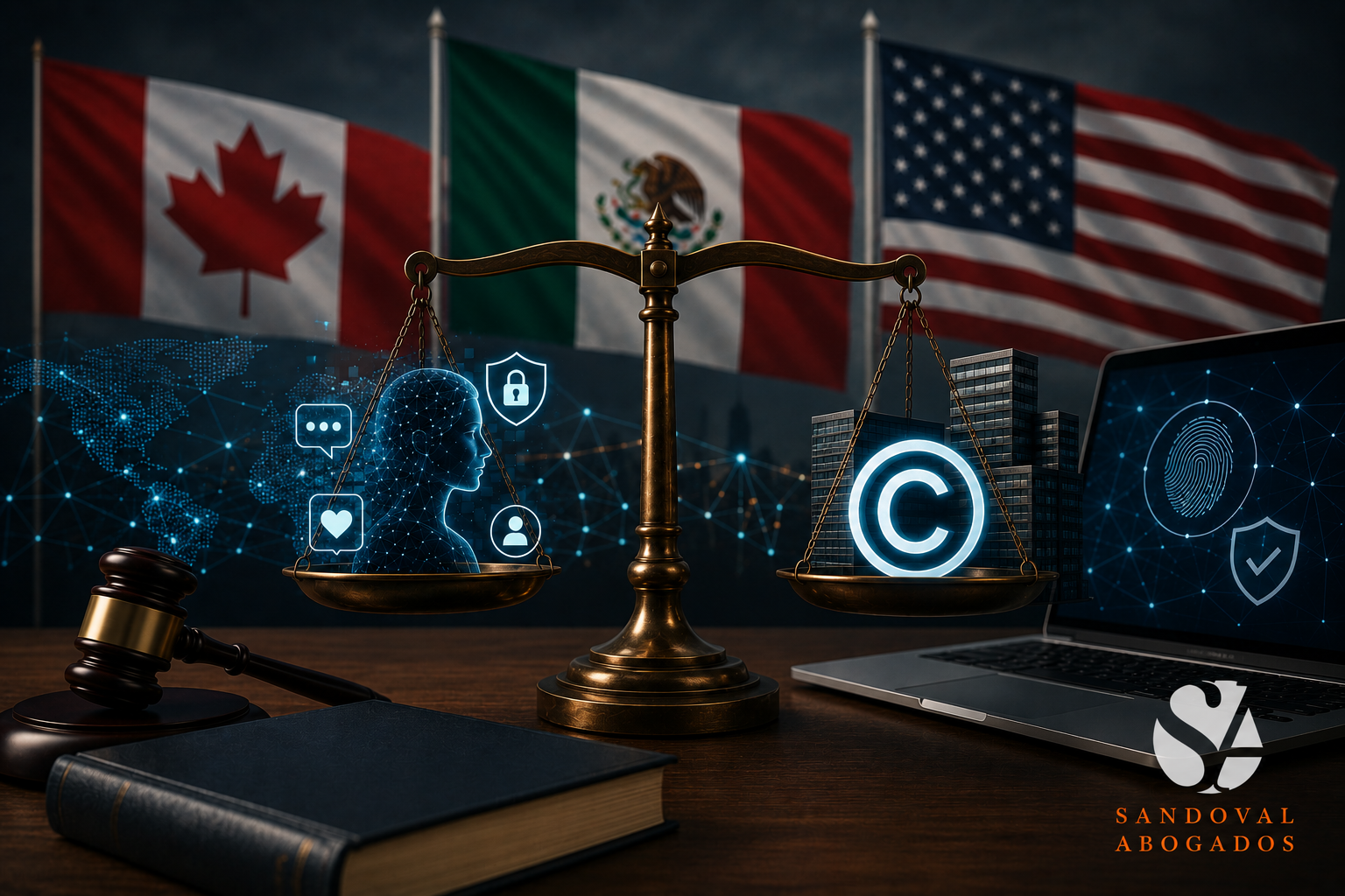 Balanza jurídica con símbolos de derechos digitales, propiedad intelectual y las banderas de México, Estados Unidos y Canadá